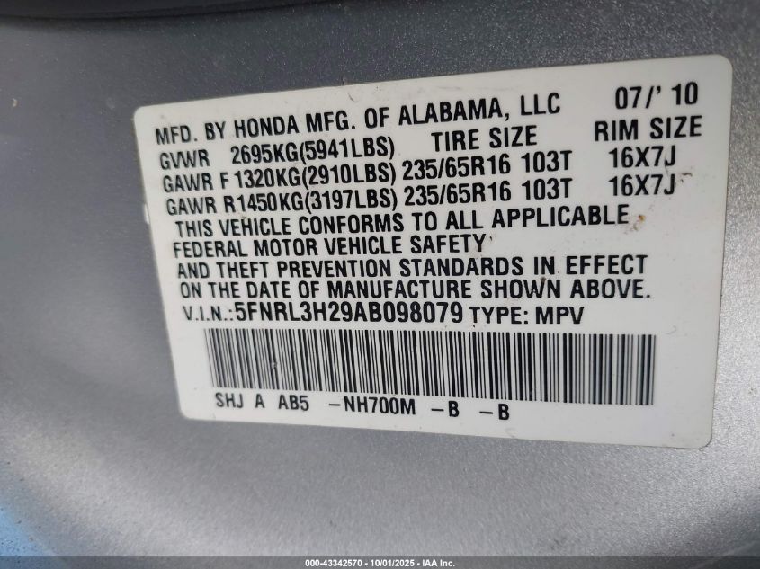 2010 Honda Odyssey Lx VIN: 5FNRL3H29AB098079 Lot: 43342570
