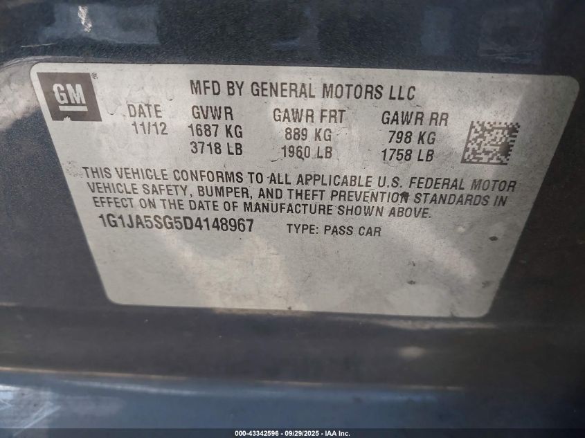 2013 Chevrolet Sonic Ls Auto VIN: 1G1JA5SG5D4148967 Lot: 43342596