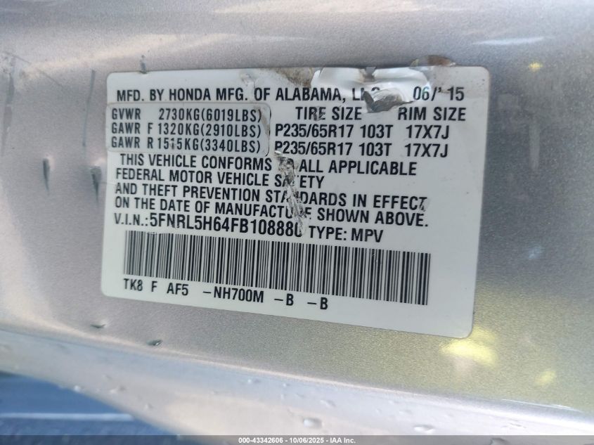 2015 Honda Odyssey Ex-L VIN: 5FNRL5H64FB108880 Lot: 43342606