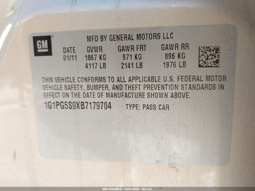 2011 Chevrolet Cruze 2Lt VIN: 1G1PG5S9XB7179704 Lot: 43342612