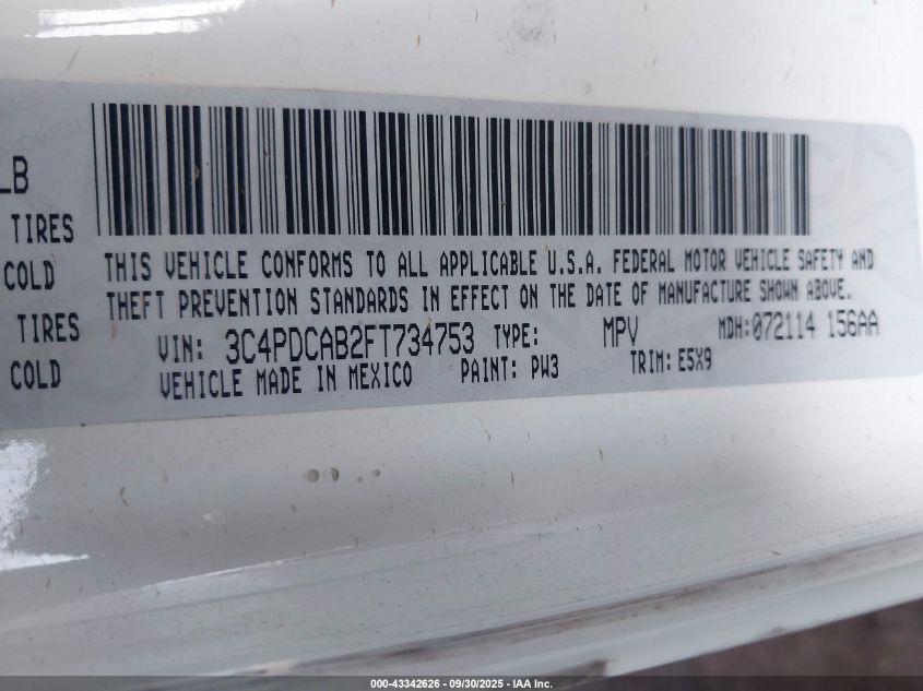 2015 Dodge Journey American Value Pkg VIN: 3C4PDCAB2FT734753 Lot: 43342626