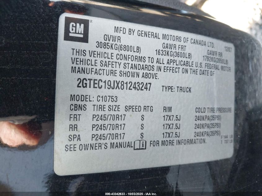 2008 GMC Sierra 1500 Sle1 VIN: 2GTEC19JX81243247 Lot: 43342633