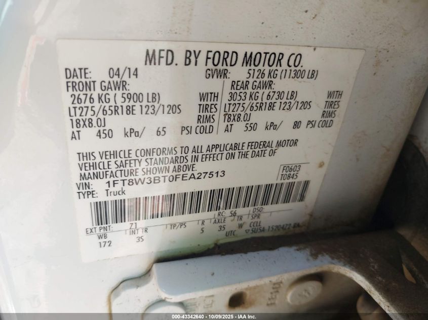 2015 Ford F-350 Xlt VIN: 1FT8W3BT0FEA27513 Lot: 43342640