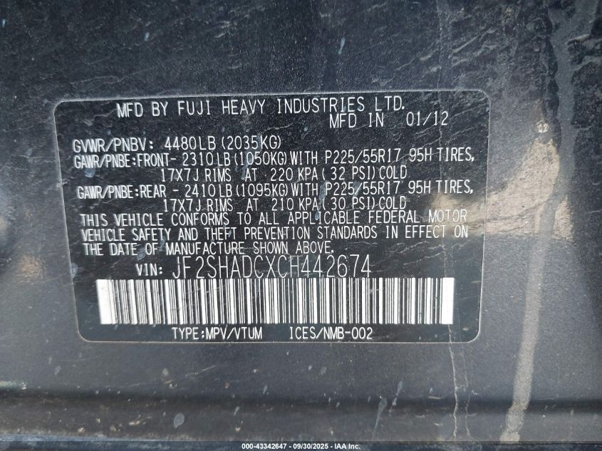 2012 Subaru Forester 2.5X Premium VIN: JF2SHADCXCH442674 Lot: 43342647