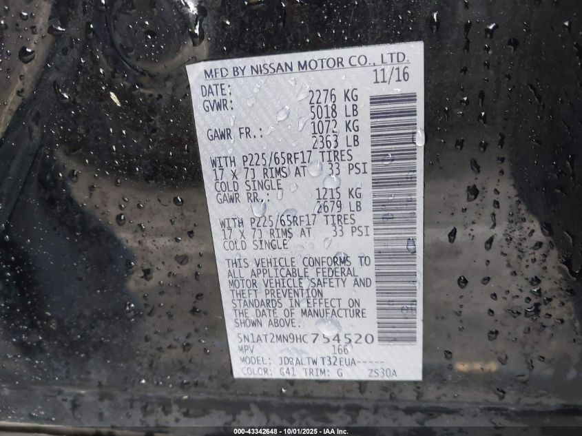 2017 Nissan Rogue Sv VIN: 5N1AT2MN9HC754520 Lot: 43342648