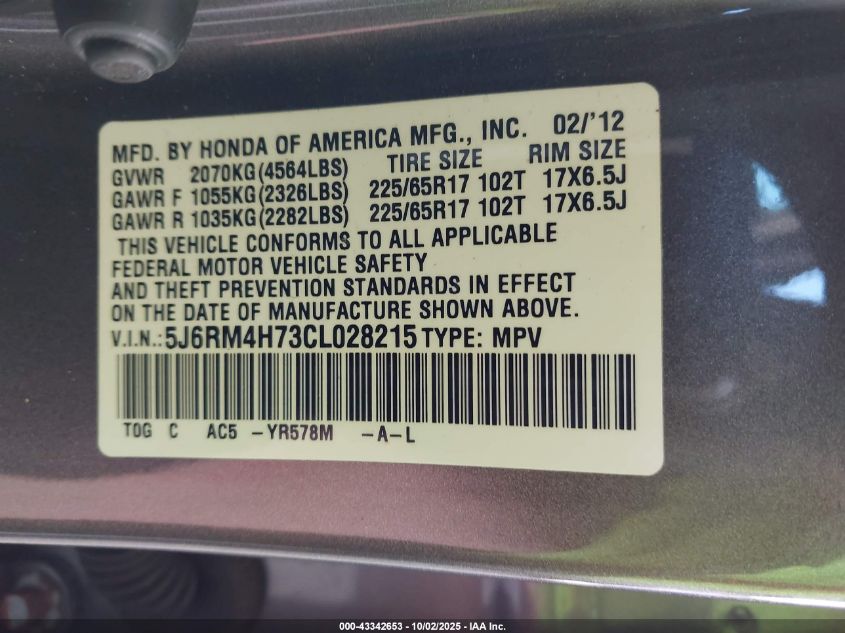 2012 Honda Cr-V Ex-L VIN: 5J6RM4H73CL028215 Lot: 43342653