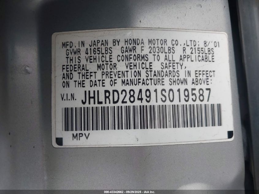 2001 Honda Cr-V Lx VIN: JHLRD28491S019587 Lot: 43342662