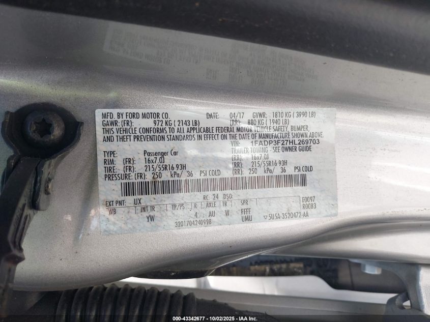 2017 Ford Focus Se VIN: 1FADP3F27HL269703 Lot: 43342677