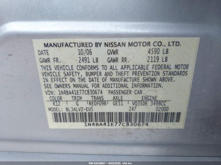 2007 Nissan Maxima 3.5 Se VIN: 1N4BA41E77C830674 Lot: 43342687