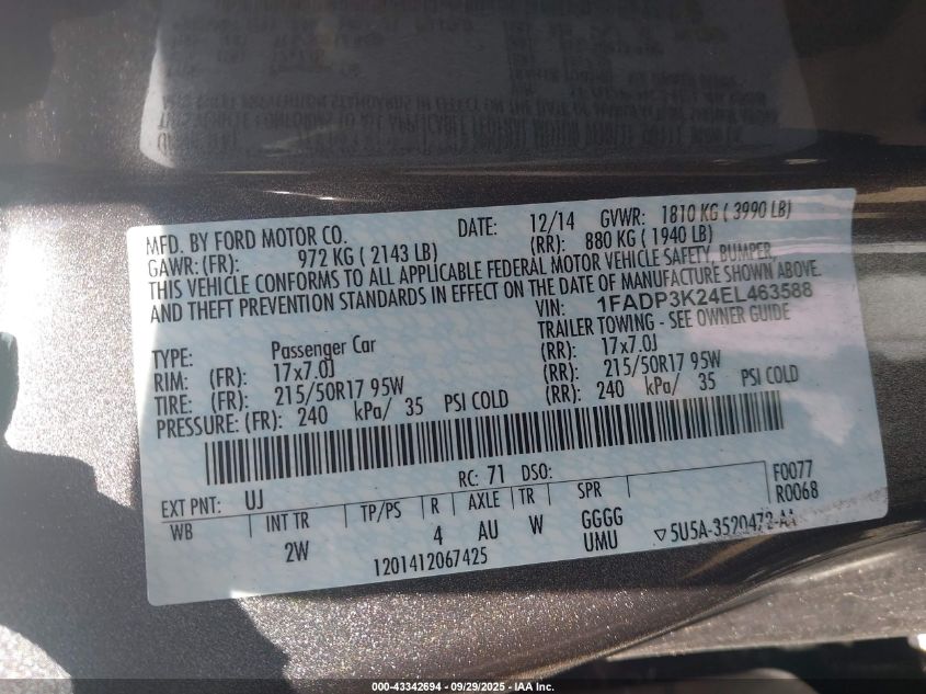 2014 Ford Focus Se VIN: 1FADP3K24EL463588 Lot: 43342694