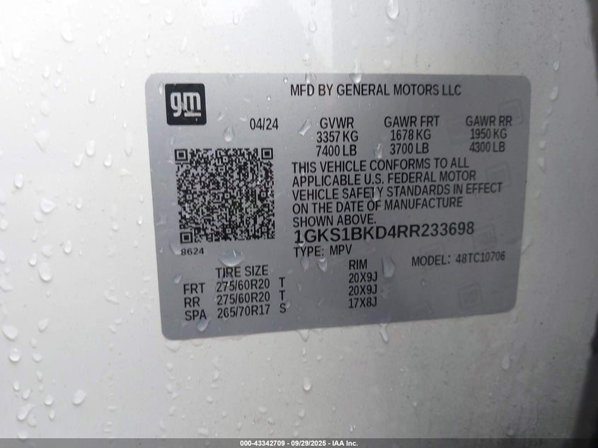 2024 GMC YUKON 2WD SLT 1GKS1BKD4RR233698