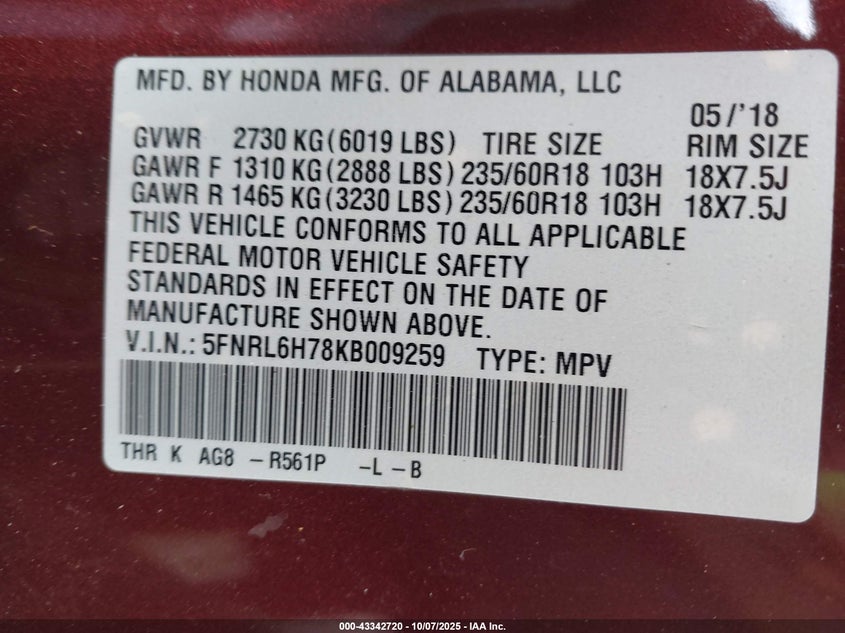 2019 Honda Odyssey Ex-L VIN: 5FNRL6H78KB009259 Lot: 43342720