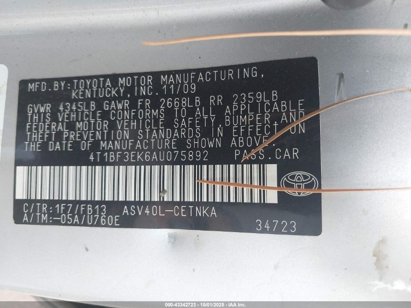 2010 Toyota Camry Le VIN: 4T1BF3EK6AU075892 Lot: 43342723