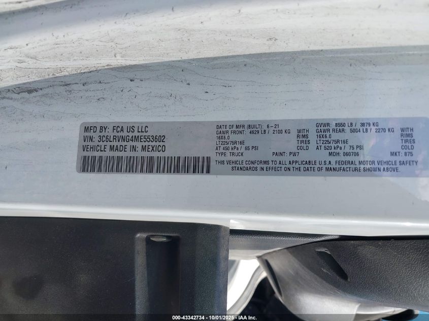 2021 Ram Promaster 1500 Low Roof 118 Wb VIN: 3C6LRVNG4ME553602 Lot: 43342734