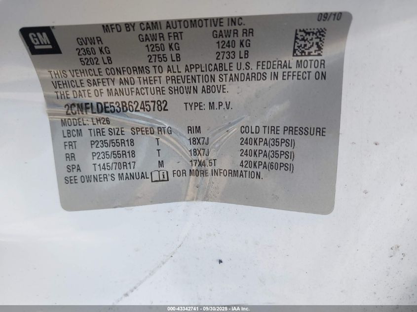 2011 Chevrolet Equinox 1Lt VIN: 2CNFLDE53B6245782 Lot: 43342741