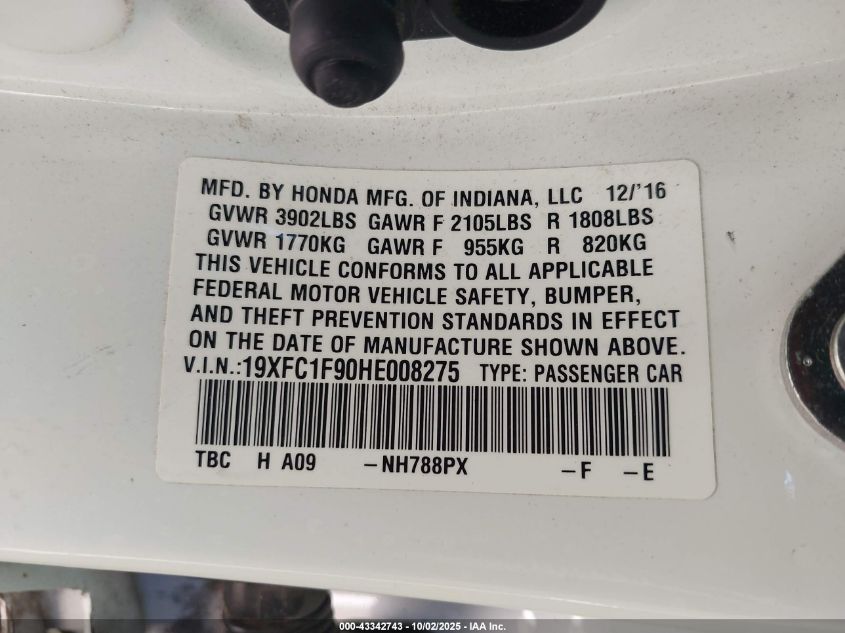 2017 Honda Civic Touring VIN: 19XFC1F90HE008275 Lot: 43342743