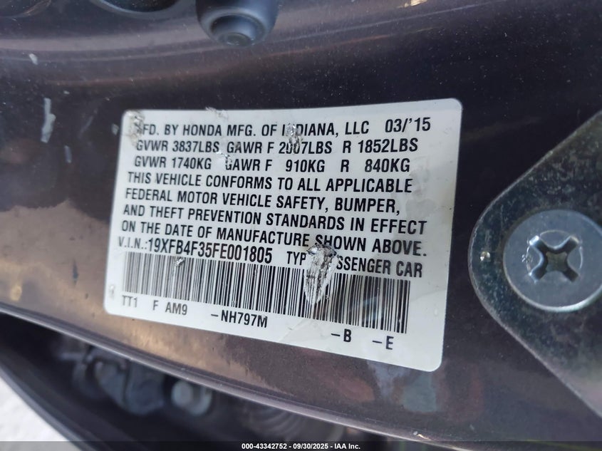 2015 HONDA CIVIC HYBRID 19XFB4F35FE001805