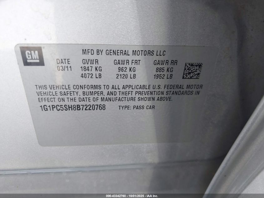 2011 Chevrolet Cruze Ls VIN: 1G1PC5SH8B7220768 Lot: 43342760