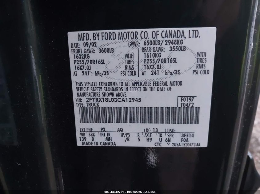 2003 Ford F-150 Lariat/Xl/Xlt VIN: 2FTRX18L03CA12945 Lot: 43342761