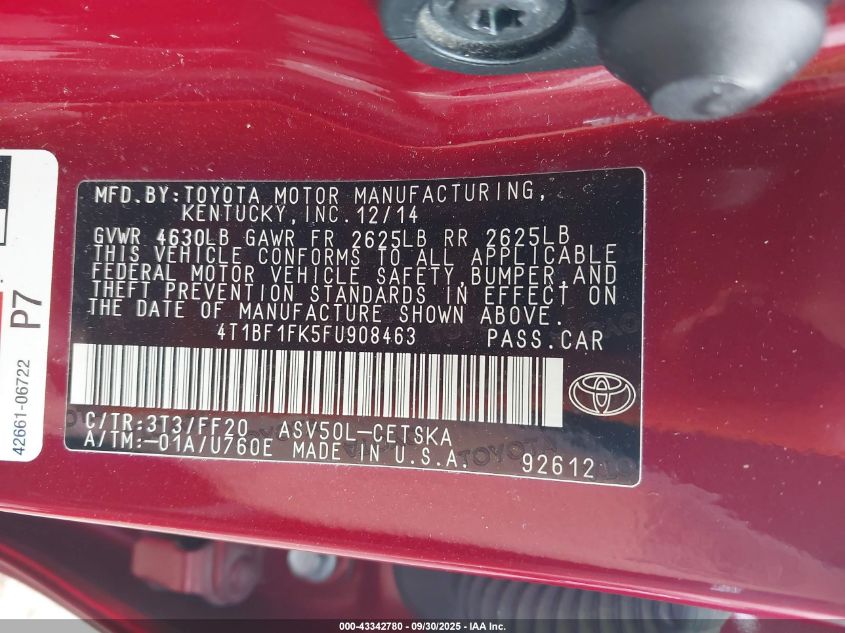 2015 Toyota Camry Se VIN: 4T1BF1FK5FU908463 Lot: 43342780