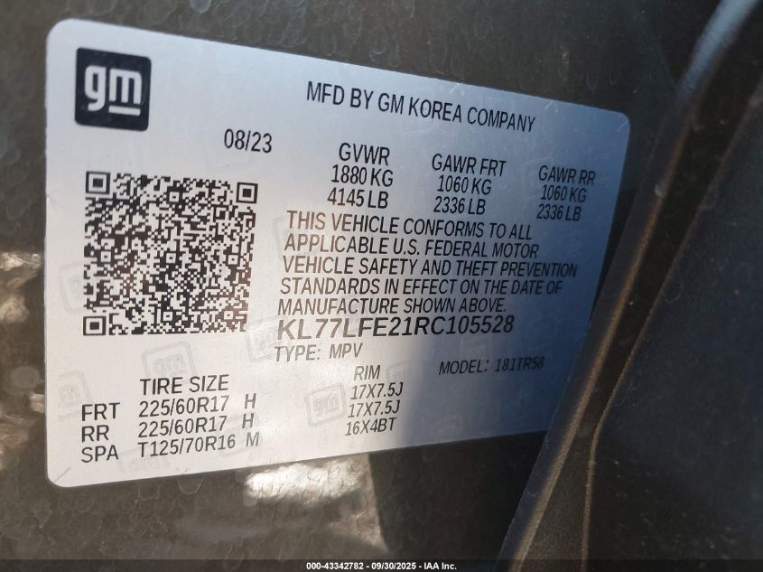 2024 Chevrolet Trax Fwd Sp VIN: KL77LFE21RC105528 Lot: 43342782