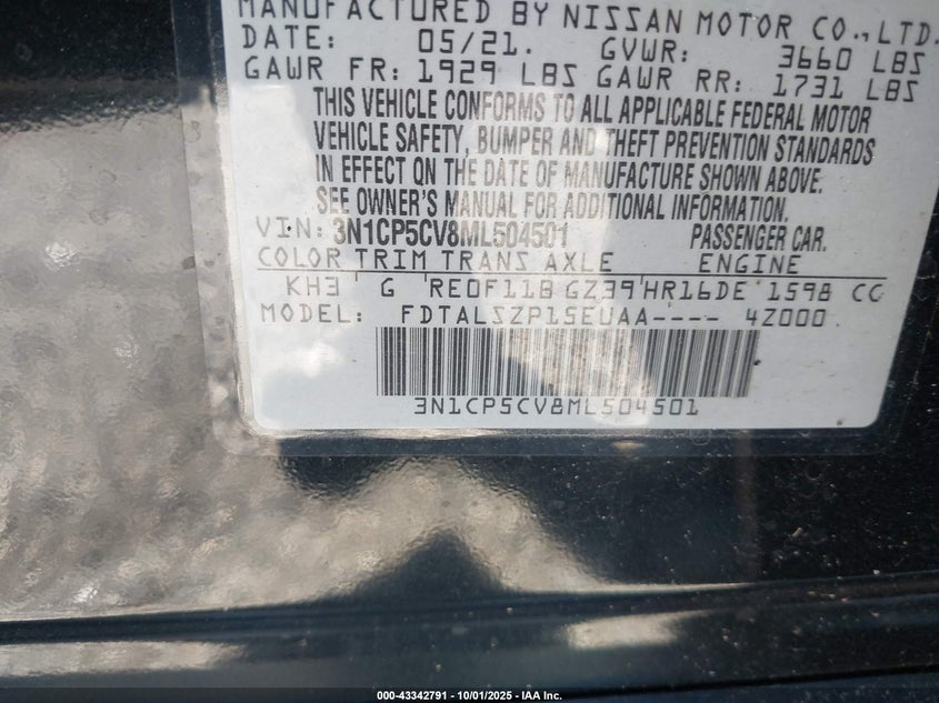 2021 NISSAN KICKS SV XTRONIC CVT - 3N1CP5CV8ML504501