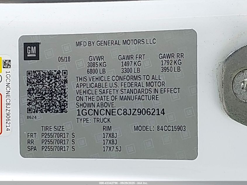2018 Chevrolet Silverado 1500 Wt VIN: 1GCNCNEC8JZ906214 Lot: 43342796