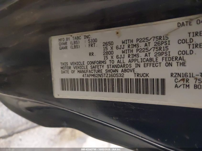 1996 Toyota Tacoma VIN: 4TAPM62N5TZ160532 Lot: 43342799