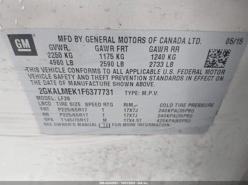 2015 GMC Terrain Sle-1 VIN: 2GKALMEK1F6377731 Lot: 43342801