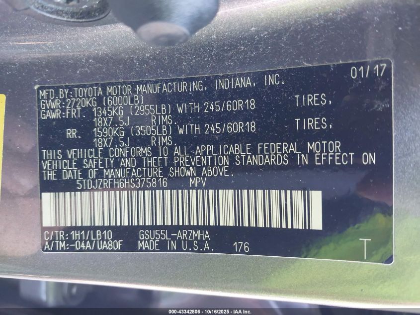 2017 Toyota Highlander Xle VIN: 5TDJZRFH6HS375816 Lot: 43342806