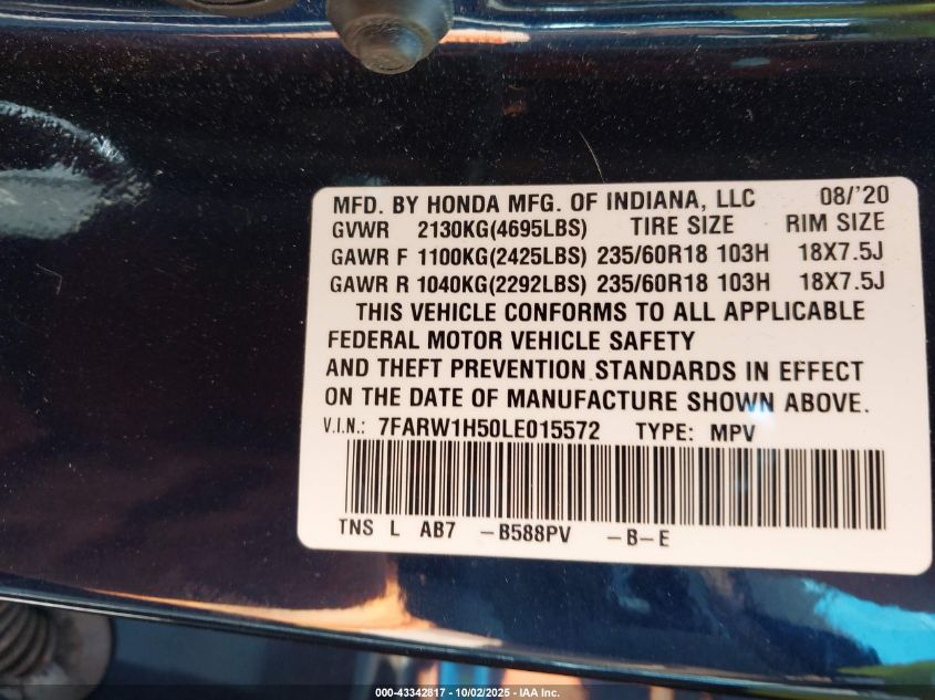2020 Honda Cr-V 2Wd Ex VIN: 7FARW1H50LE015572 Lot: 43342817