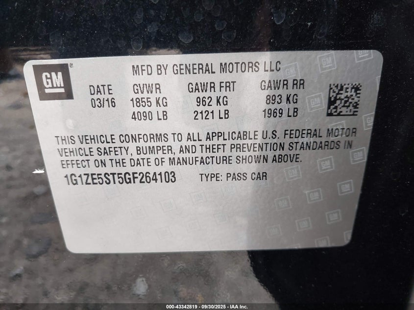 2016 Chevrolet Malibu 1Lt VIN: 1G1ZE5ST5GF264103 Lot: 43342819