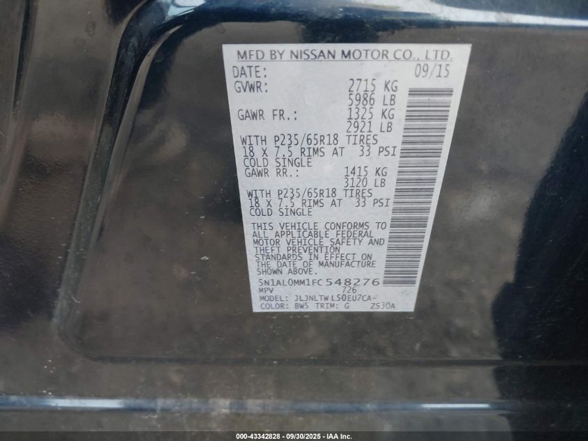 2015 Infiniti Qx60 VIN: 5N1AL0MM1FC548276 Lot: 43342828