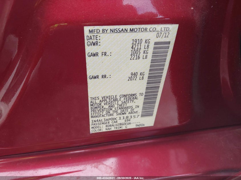 2013 Nissan Altima 2.5 Sv VIN: 1N4AL3AP0DC118357 Lot: 43342831
