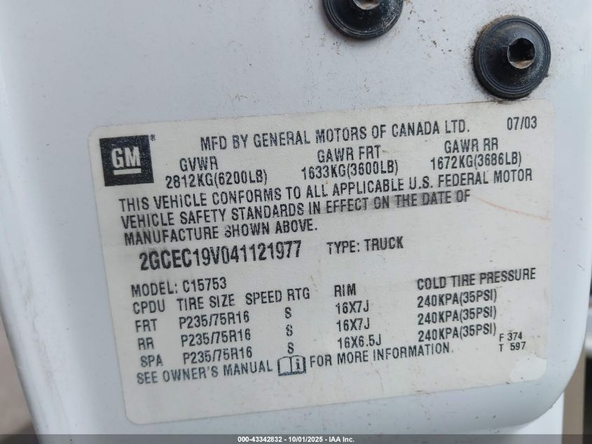 2004 Chevrolet Silverado 1500 Ls VIN: 2GCEC19V041121977 Lot: 43342832