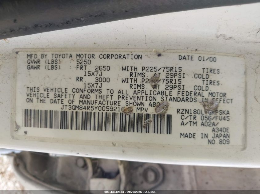 2000 Toyota 4Runner VIN: JT3GM84R5Y0059216 Lot: 43342833