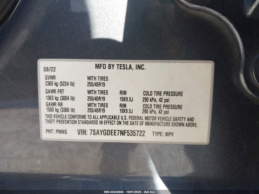 2022 Tesla Model Y Long Range Dual Motor All-Wheel Drive VIN: 7SAYGDEE7NF535722 Lot: 43342840