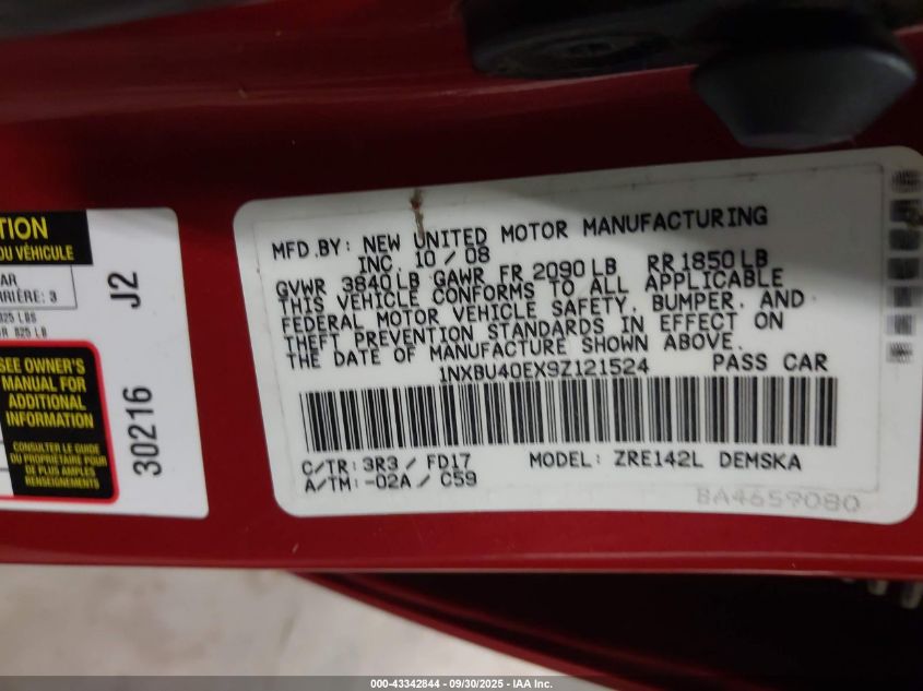 2009 Toyota Corolla S VIN: 1NXBU40EX9Z121524 Lot: 43342844