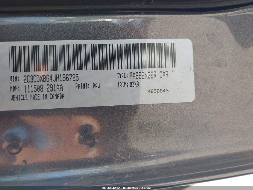 2018 Dodge Charger Sxt Rwd VIN: 2C3CDXBG4JH196725 Lot: 43342851