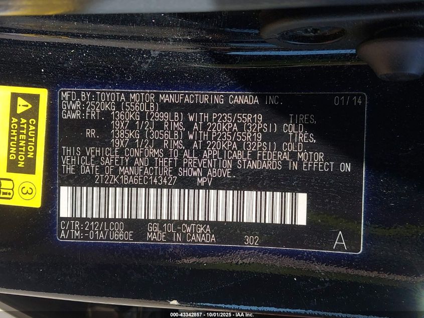 2014 Lexus Rx 350 VIN: 2T2ZK1BA6EC143427 Lot: 43342857