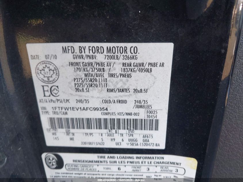 2010 Ford F-150 Fx4/Harley-Davidson/King Ranch/Lariat/Platinum/Xl/Xlt VIN: 1FTFW1EV1AFC99354 Lot: 43342858