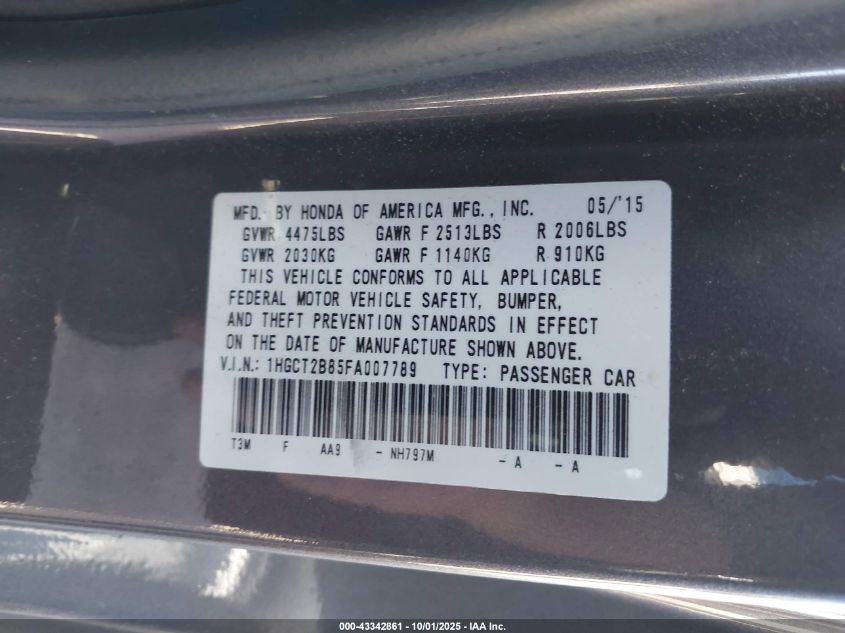 2015 Honda Accord Ex-L V-6 VIN: 1HGCT2B85FA007789 Lot: 43342861