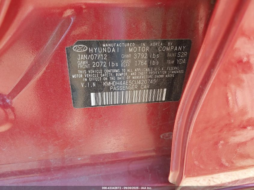 2012 Hyundai Elantra Gls (Ulsan Plant) VIN: KMHDH4AE5CU420745 Lot: 43342872