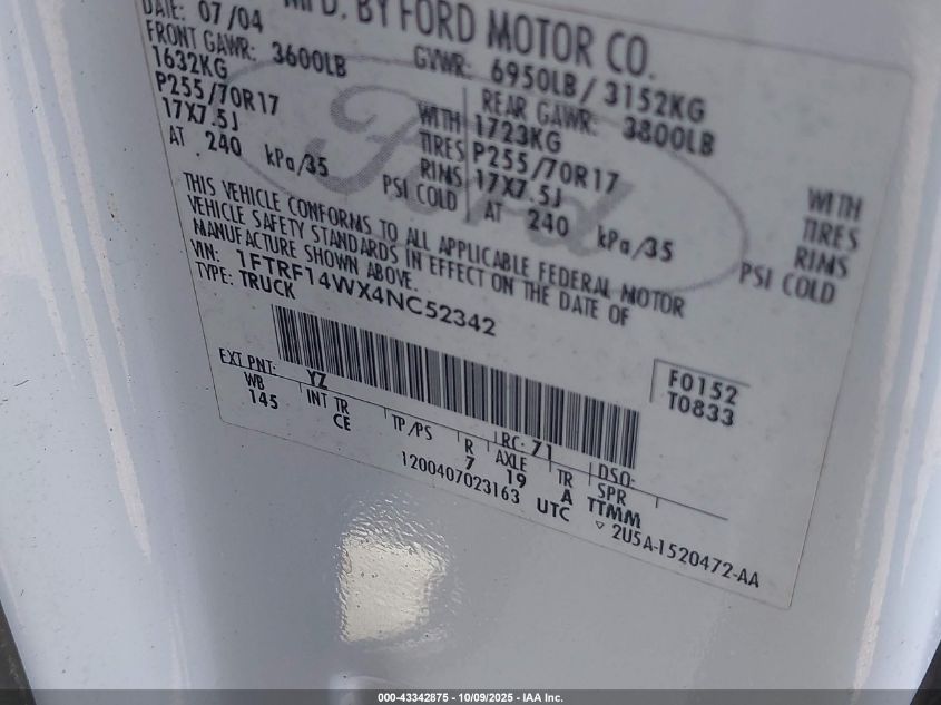 2004 Ford F-150 Stx/Xl/Xlt VIN: 1FTRF14WX4NC52342 Lot: 43342875