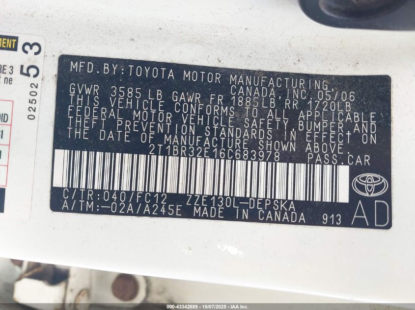 2006 Toyota Corolla S VIN: 2T1BR32E16C683978 Lot: 43342889