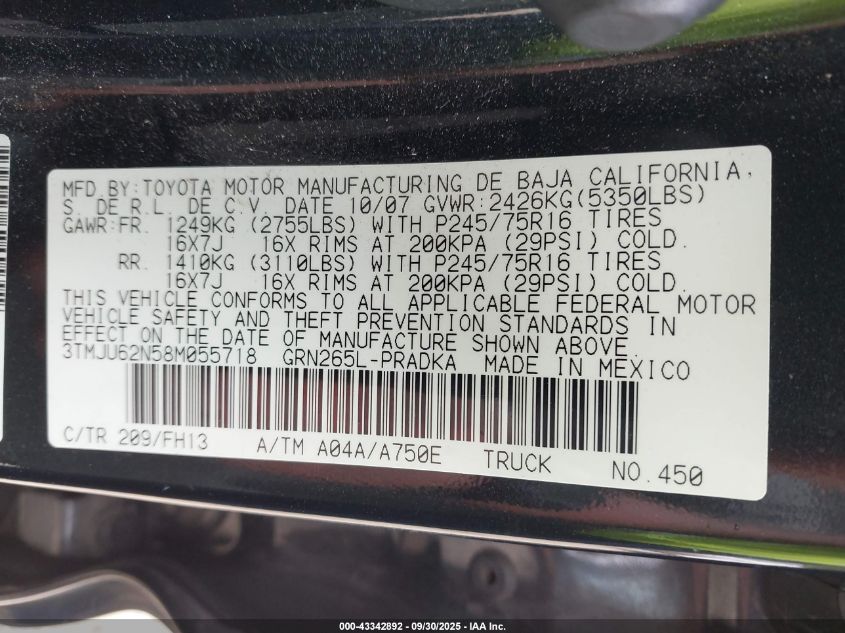 2008 Toyota Tacoma Prerunner V6 VIN: 3TMJU62N58M055718 Lot: 43342892