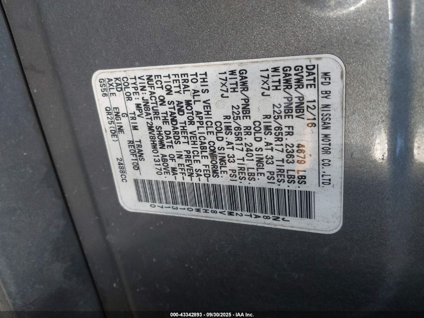 2017 Nissan Rogue S VIN: JN8AT2MV8HW013170 Lot: 43342893