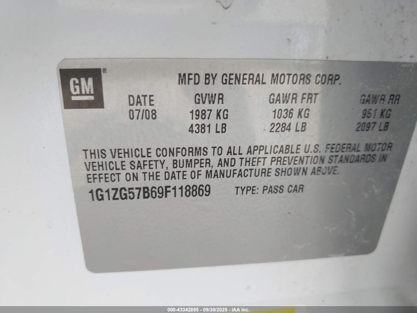 2009 Chevrolet Malibu Ls VIN: 1G1ZG57B69F118869 Lot: 43342895