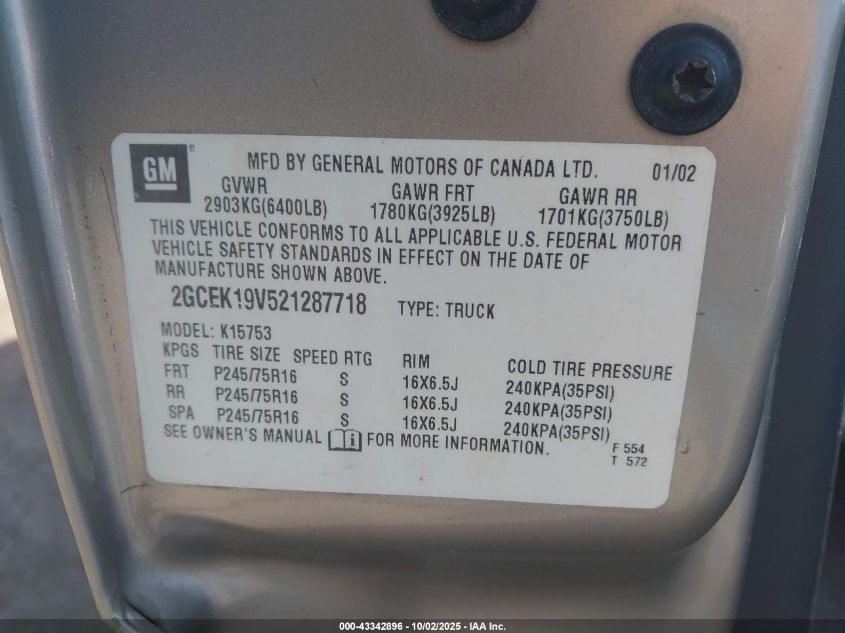 2002 Chevrolet Silverado 1500 VIN: 2GCEK19V521287718 Lot: 43342896