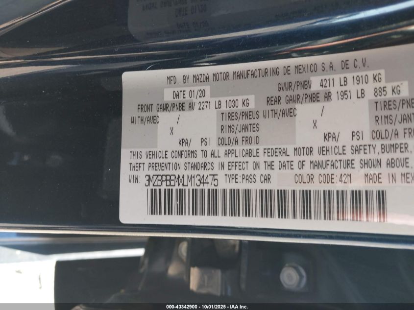 2020 Mazda Mazda3 Premium Package VIN: 3MZBPBEMXLM134475 Lot: 43342900
